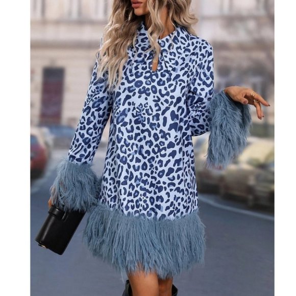 . Dresses & Skirts - Fuzzy Trimmed long sleeved Leopard Animal Print Dress blue